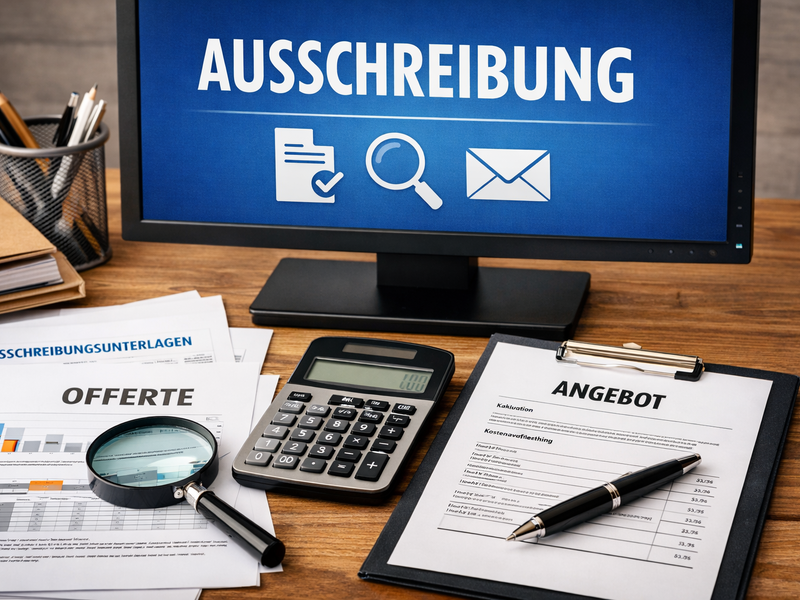 Ein Schreibtisch mit einem Computerbildschirm, der "AUSSCHREIBUNG" zeigt, umgeben von Büroartikeln wie einem Taschenrechner, Dokumenten, einer Lupe und einem Stift.