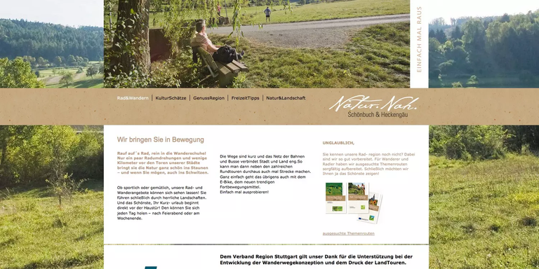 Eine Person sitzt auf einer Bank im Grünen, umgeben von Bäumen und Wiesenlandschaft, während sie auf ein offenes Feld blickt; oben sind Menüoptionen für verschiedene Aktivitäten in der Natur dargestellt.