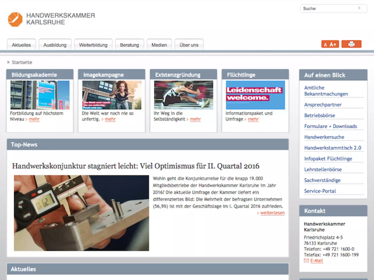 Die Webseite der Handwerkskammer Karlsruhe zeigt verschiedene Navigationslinks, aktuelle News über die Handwerkskonjunktur und Kontaktinformationen.