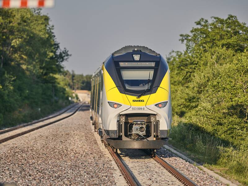 Ein moderner, gelb-weißer Zug fährt auf einer von Bäumen gesäumten Eisenbahnstrecke.