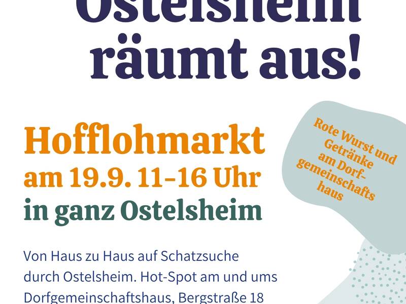 Ein Plakat bewirbt einen Hofflohmarkt in Ostelheim am 19.9., mit bunten Wimpeln und stilisierten Menschen, die Kleidung kaufen.