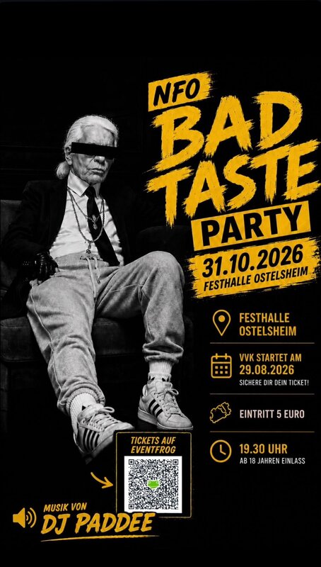 Ein Mann mit geblendetem Gesicht trägt Anzug und Jogginghose, umgeben von Informationen über eine "Bad Taste Party" am 31.10.2026 in der Festhalle Ostelsheim.