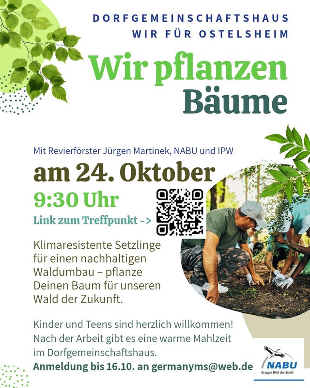 Eine Einladung zur Baum-Pflanzaktion am 24. Oktober um 9:30 Uhr im Dorfgemeinschaftshaus Ostelshheim, illustriert mit einem Bild von Personen, die gemeinsam einen Baum pflanzen.