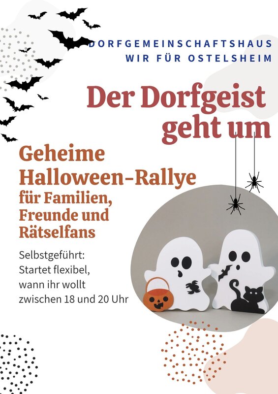Ein Plakat wirbt für eine geheime Halloween-Rallye mit Geistermotiven, Fledermäusen und Spinnen, die für Familien und Rätselbegeisterte flexibel zwischen 18 und 20 Uhr startet.