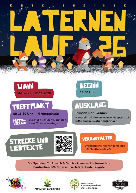Ein Plakat für den "Laternen Lauf 2026" in Ostelsheim zeigt gezeichnete Tiere mit Laternen und enthält Informationen über Datum, Treffpunkt, Beginn, Ausklang, Veranstalter und Spendenzweck.